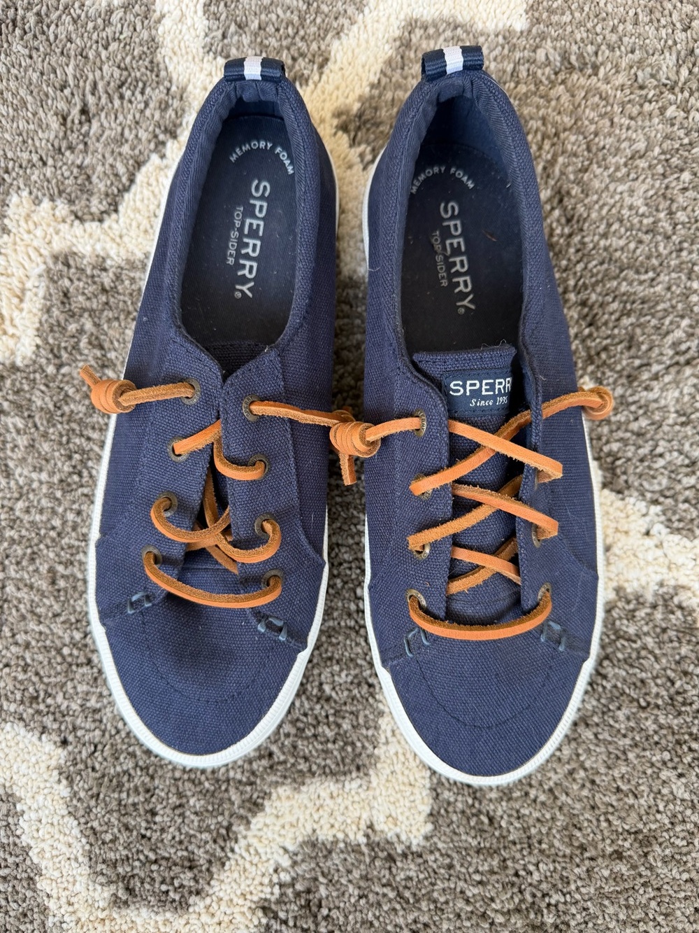 Sperry Navy Canvas Slip-On Sneakers with Brown Laces